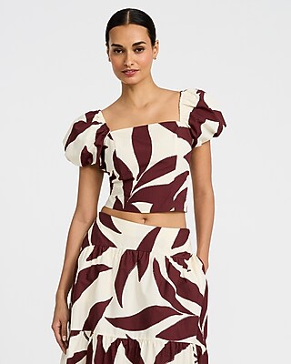 Cotton Poplin Printed Square Neck Puff Sleeve Top