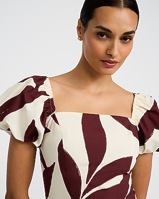 Cotton Poplin Printed Square Neck Puff Sleeve Top