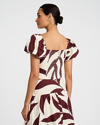 Cotton Poplin Printed Square Neck Puff Sleeve Top