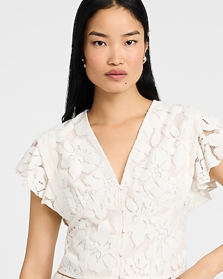 Stretch Cotton V-neck Flutter Sleeve Tie Front Top | Express