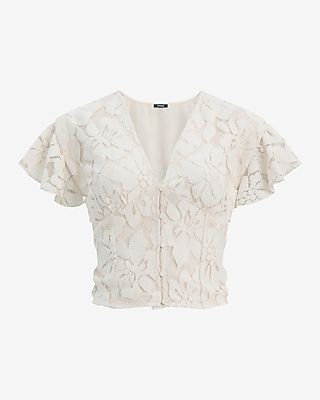 Lace V-Neck Flutter Sleeve Button Front Top