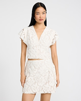 Lace V-Neck Flutter Sleeve Button Front Top