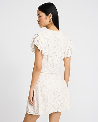 Lace V-Neck Flutter Sleeve Button Front Top