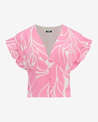 V-Neck Flutter Sleeve Button Front Top