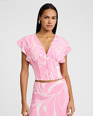 V-Neck Flutter Sleeve Button Front Top