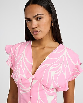 V-Neck Flutter Sleeve Button Front Top