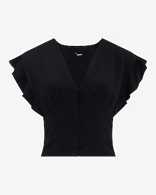 V-Neck Flutter Sleeve Button Front Top