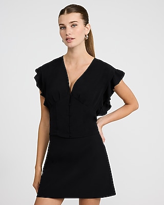 V-Neck Flutter Sleeve Button Front Top