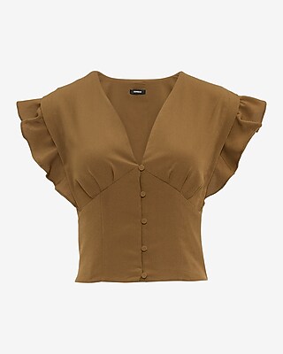 V-Neck Flutter Sleeve Button Front Top
