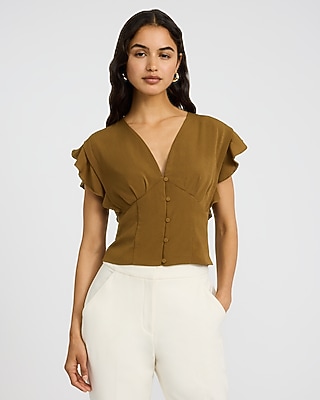 V-Neck Flutter Sleeve Button Front Top