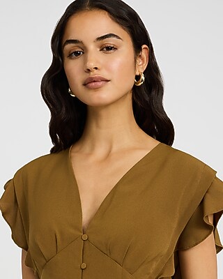 V-Neck Flutter Sleeve Button Front Top