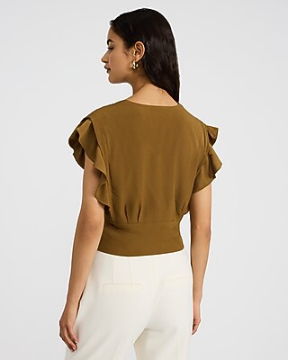 V-Neck Flutter Sleeve Button Front Top