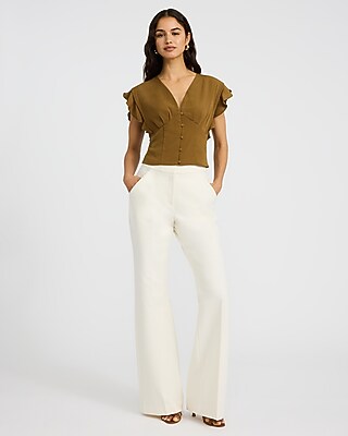 V-Neck Flutter Sleeve Button Front Top