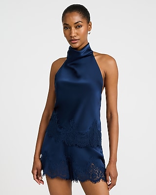 Lace Trim Satin Cowl Neck Halter Top | Express