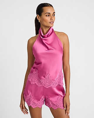 Lace Trim Satin Cowl Neck Halter Top | Express