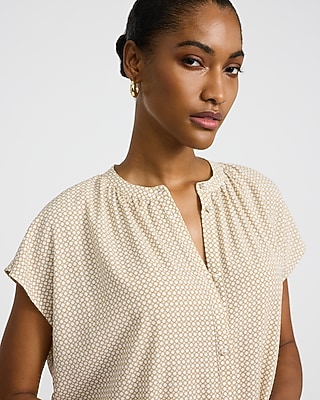 Printed Crew Neck Cap Sleeve Novelty Button Front Top