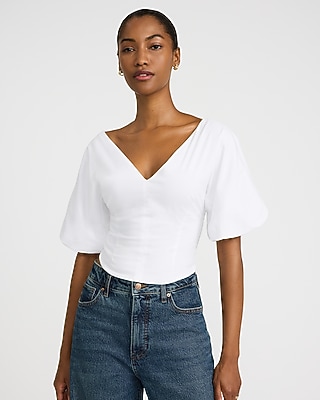 Stretch Cotton V-neck Dolman Puff Sleeve Top | Express