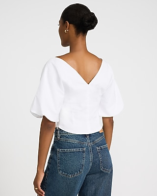 Stretch Cotton V-Neck Dolman Puff Sleeve Top