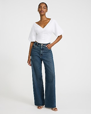 Stretch Cotton V-Neck Dolman Puff Sleeve Top