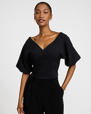 Stretch Cotton V-Neck Dolman Puff Sleeve Top