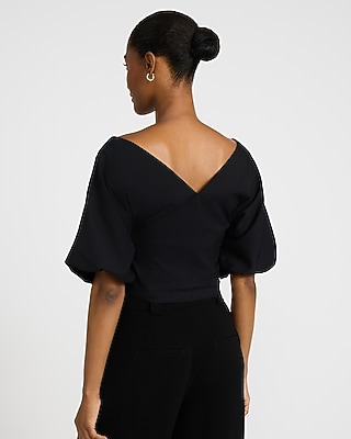 Stretch Cotton V-Neck Dolman Puff Sleeve Top