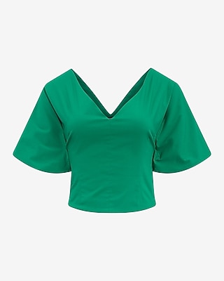 Stretch Cotton V-Neck Dolman Puff Sleeve Top