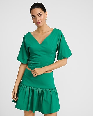 Stretch Cotton V-Neck Dolman Puff Sleeve Top