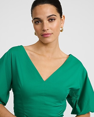 Stretch Cotton V-Neck Dolman Puff Sleeve Top