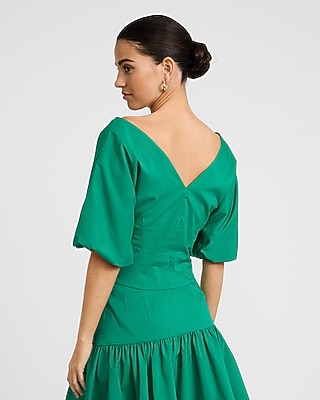 Stretch Cotton V-Neck Dolman Puff Sleeve Top