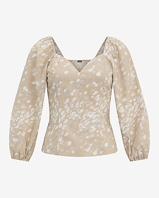Printed V-Neck Long Puff Sleeve Top