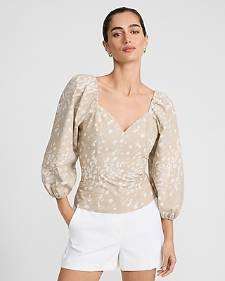 Printed V-Neck Long Puff Sleeve Top