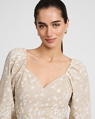 Printed V-Neck Long Puff Sleeve Top