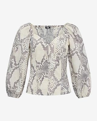 Printed V-neck Long Puff Sleeve Top | Express