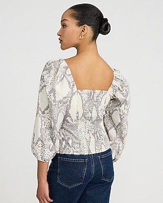 Printed V-Neck Long Puff Sleeve Top