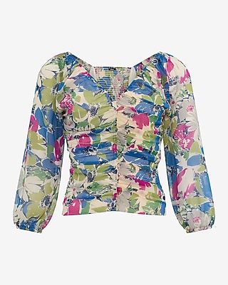 Floral V-Neck Ruched Puff Sleeve Smocked Back Top