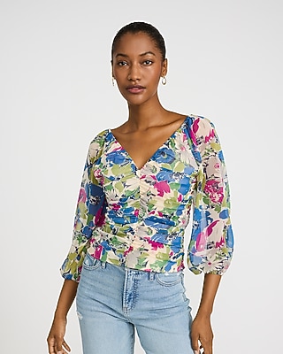 Floral V-Neck Ruched Puff Sleeve Smocked Back Top