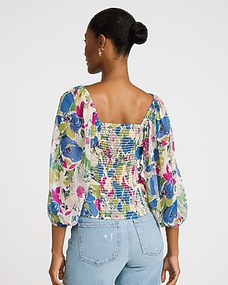 Floral V-Neck Ruched Puff Sleeve Smocked Back Top