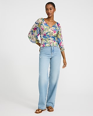 Floral V-Neck Ruched Puff Sleeve Smocked Back Top