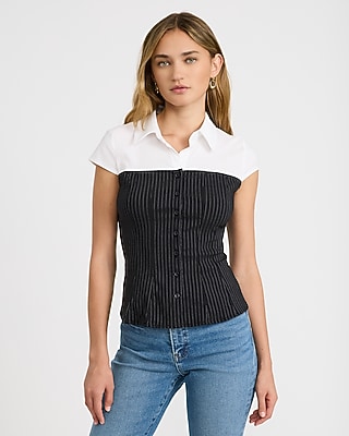 Layered Collared Short Sleeve Button Front Top