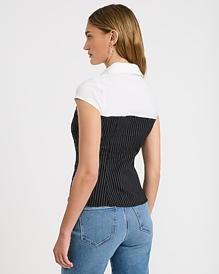 Layered Collared Short Sleeve Button Front Top