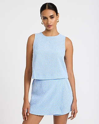 Gingham Crew Neck Button Back Tank