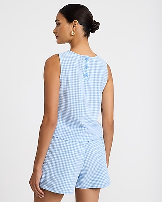 Gingham Crew Neck Button Back Tank