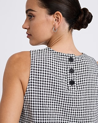 Gingham Crew Neck Button Back Tank
