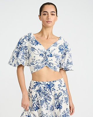 Cotton Poplin Floral Puff Sleeve Twist Front Crop Top | Express