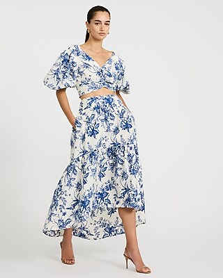 Cotton Poplin Floral Puff Sleeve Twist Front Crop Top