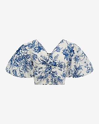 Cotton Poplin Floral Puff Sleeve Twist Front Crop Top