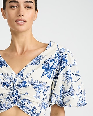 Cotton Poplin Floral Puff Sleeve Twist Front Crop Top