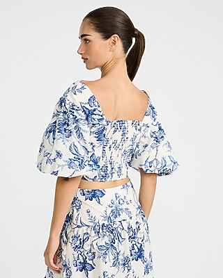 Cotton Poplin Floral Puff Sleeve Twist Front Crop Top