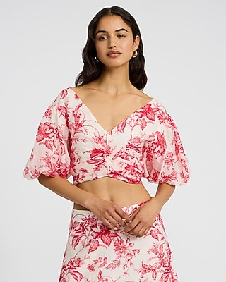 トップス OHGA FIOWER PUFF Textured Floral Puff Sleeve Twist Front Crop Top | Express