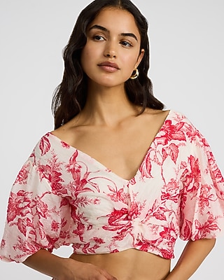 Textured Floral Puff Sleeve Twist Front Crop Top | Express